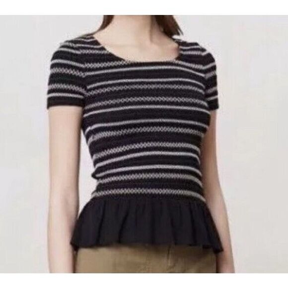 Anthropologie Black Smocked Top Large Meadow Rue Peplum Short Sleeve Ruched L - Picture 13 of 13